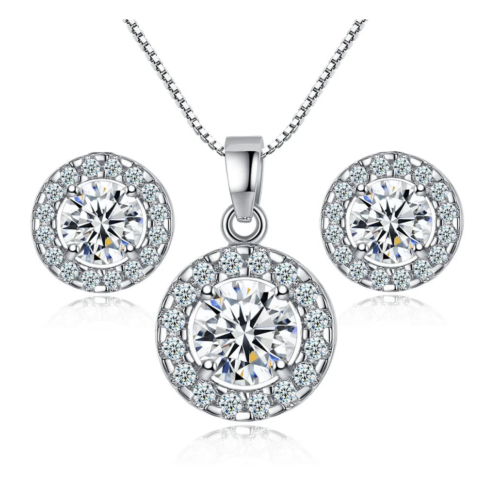 925 Sterling Silver Bridal Jewelry Sets for Women Wedding Shiny CZ Geometric Stud Earrings Pendant Necklace
