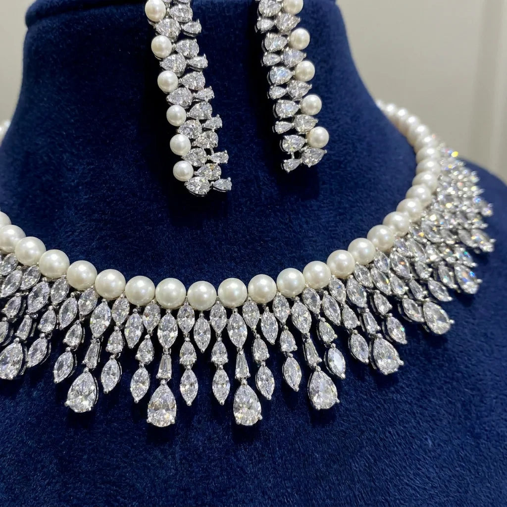 Bride Talk Luxury 4Pcs Bridal Jewelry Set Elegant Pearl Zircon Necklace Earrings Bracelet Ring Set for Wedding Party Accessories