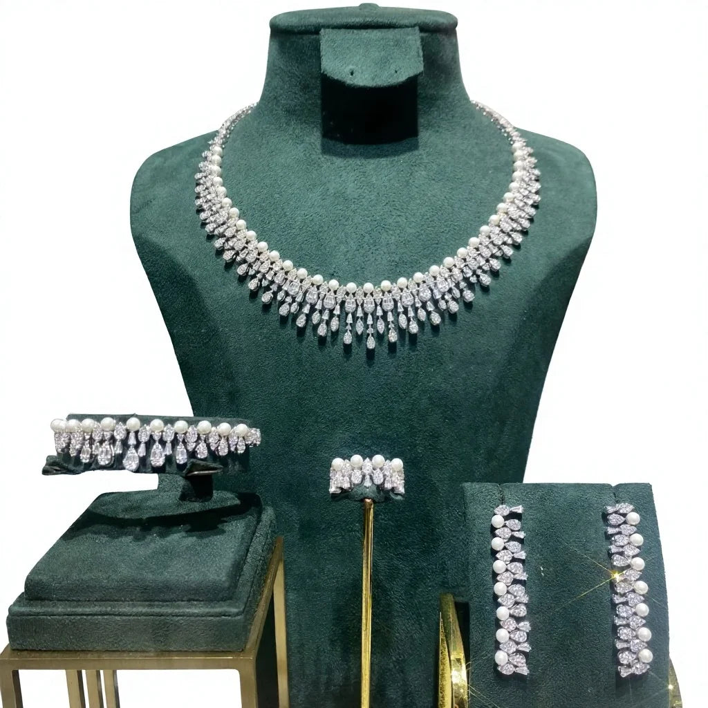 Bride Talk Luxury 4Pcs Bridal Jewelry Set Elegant Pearl Zircon Necklace Earrings Bracelet Ring Set for Wedding Party Accessories