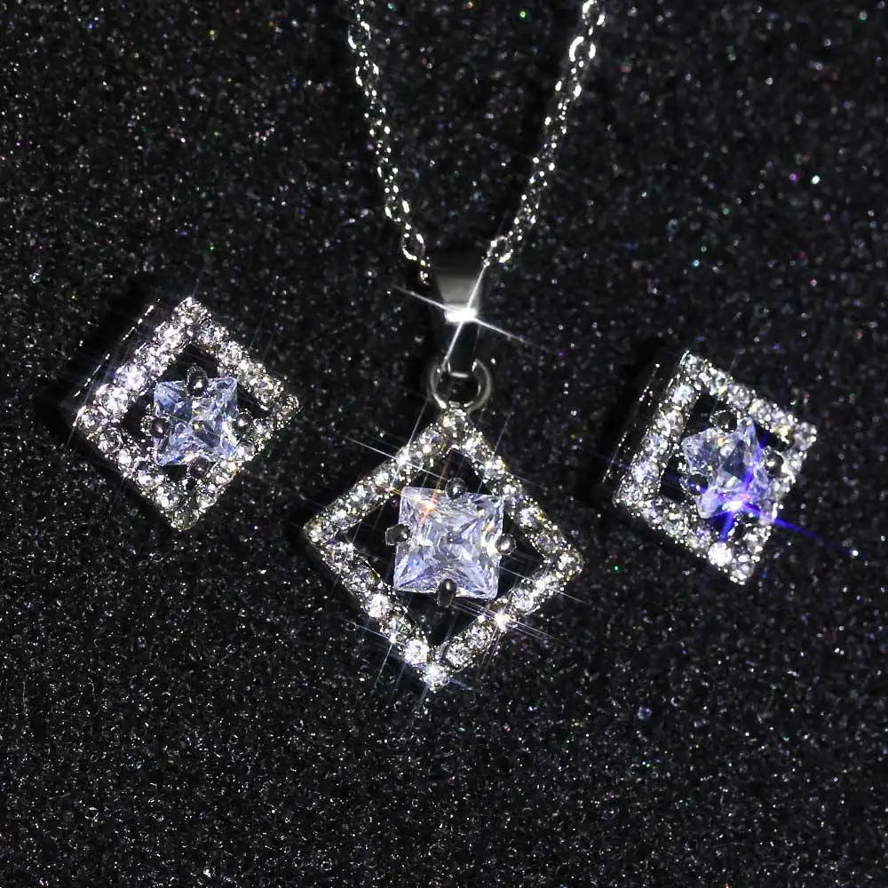 925 Sterling Silver Bridal Jewelry Sets for Women Wedding Shiny CZ Geometric Stud Earrings Pendant Necklace