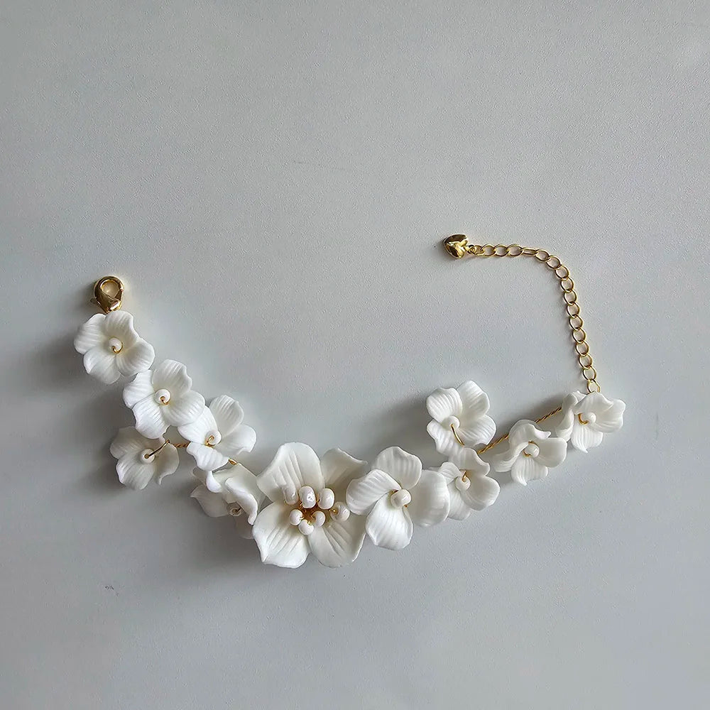SLBRIDAL Handmade Ins Style Rhinestones Crystal Porcelain Flower Bridal Wedding Bracelet Bangle Bridesmaids Women Girls Jewelry