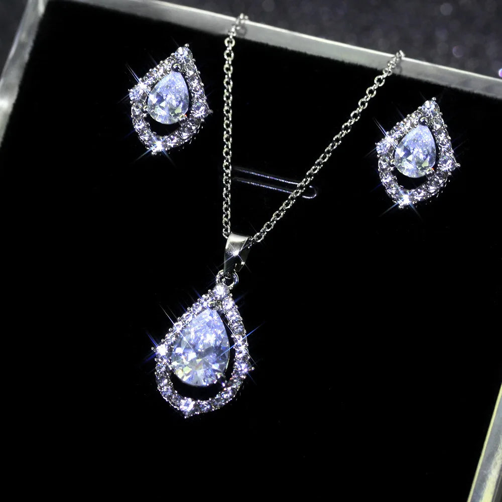 925 Sterling Silver Bridal Jewelry Sets for Women Wedding Shiny CZ Geometric Stud Earrings Pendant Necklace