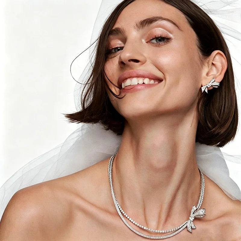 Bridal Bow Zircon Jewelry Set Double Layer Necklace Earrings for Women Wedding Party Prom Jewelry Accessories