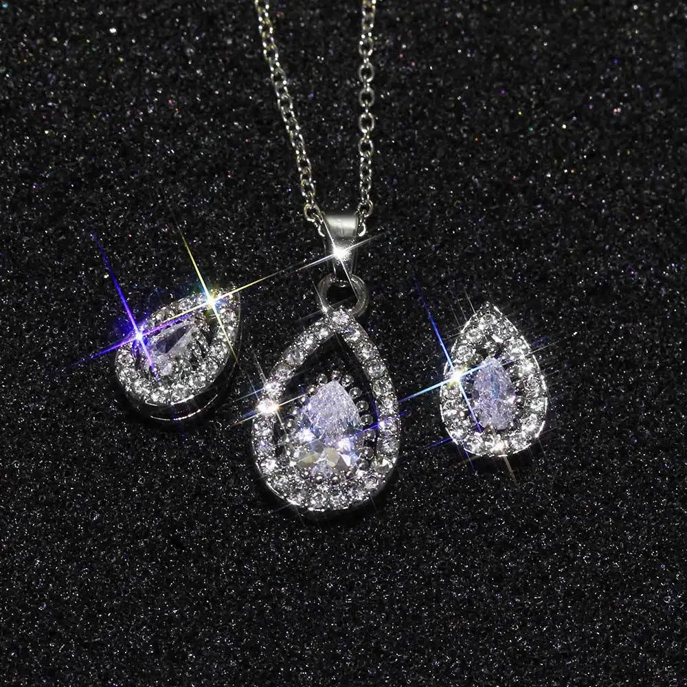 925 Sterling Silver Bridal Jewelry Sets for Women Wedding Shiny CZ Geometric Stud Earrings Pendant Necklace