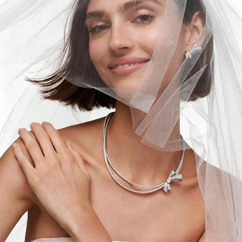 Bridal Bow Zircon Jewelry Set Double Layer Necklace Earrings for Women Wedding Party Prom Jewelry Accessories