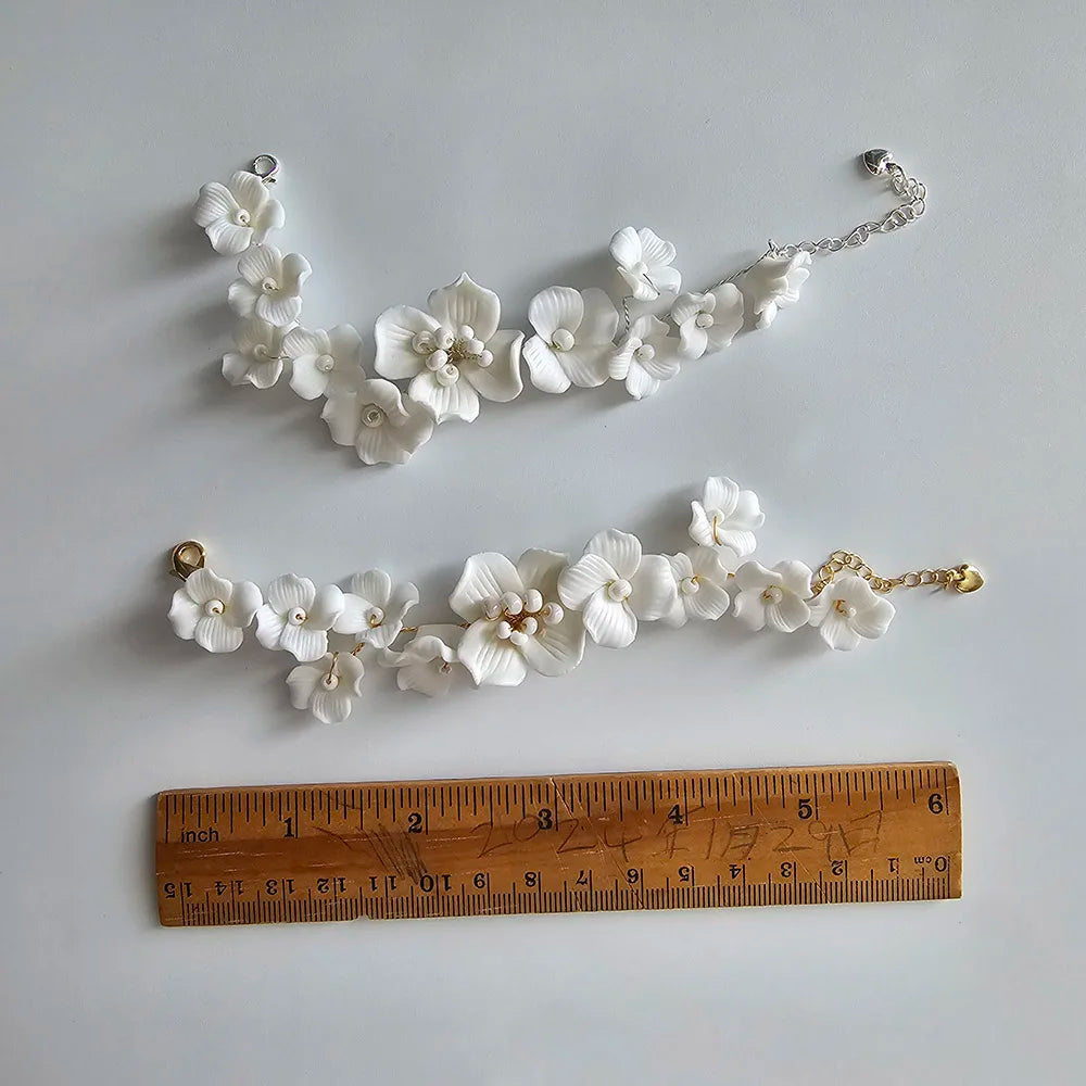 SLBRIDAL Handmade Ins Style Rhinestones Crystal Porcelain Flower Bridal Wedding Bracelet Bangle Bridesmaids Women Girls Jewelry