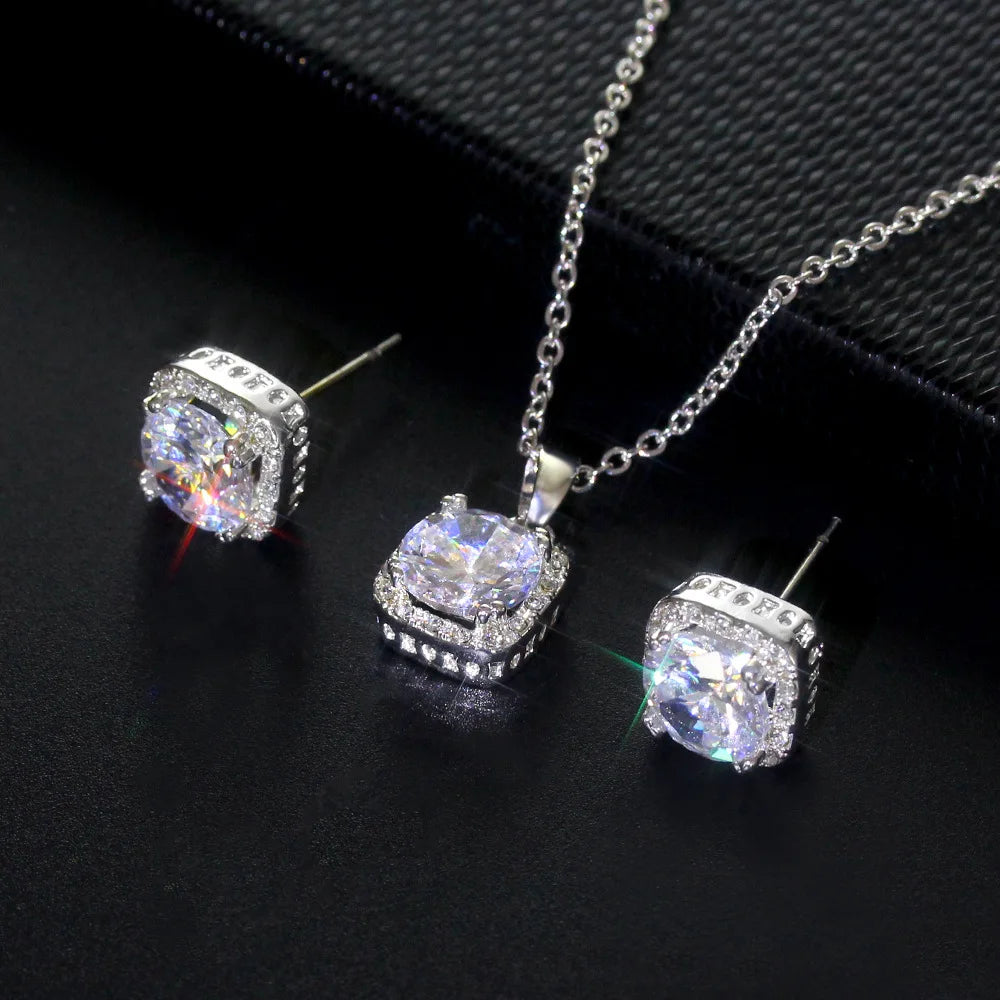 925 Sterling Silver Bridal Jewelry Sets for Women Wedding Shiny CZ Geometric Stud Earrings Pendant Necklace
