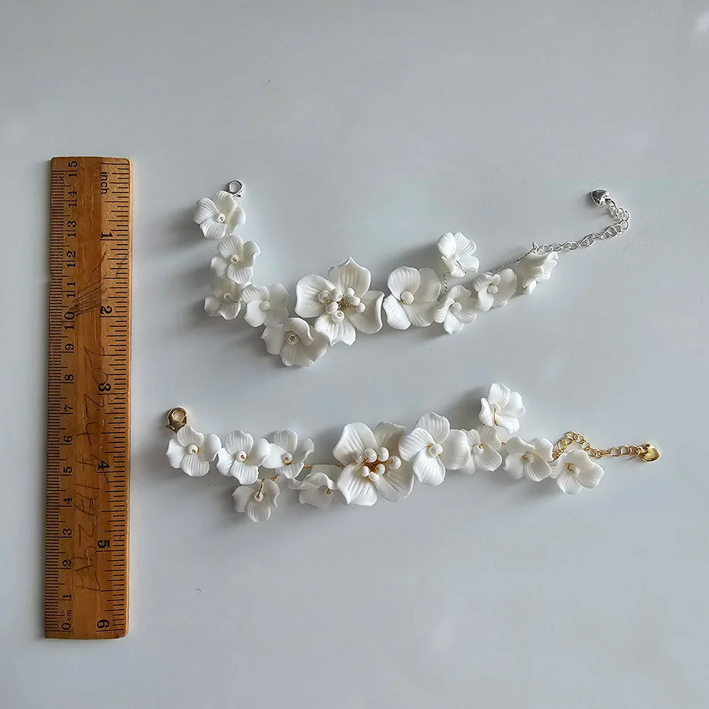 SLBRIDAL Handmade Ins Style Rhinestones Crystal Porcelain Flower Bridal Wedding Bracelet Bangle Bridesmaids Women Girls Jewelry