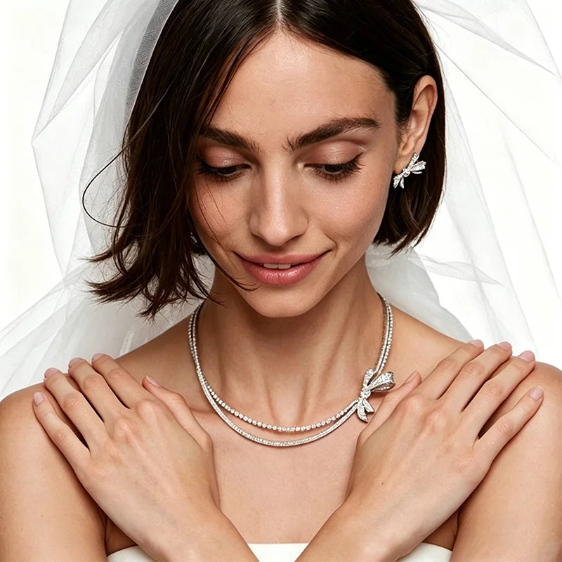 Bridal Bow Zircon Jewelry Set Double Layer Necklace Earrings for Women Wedding Party Prom Jewelry Accessories