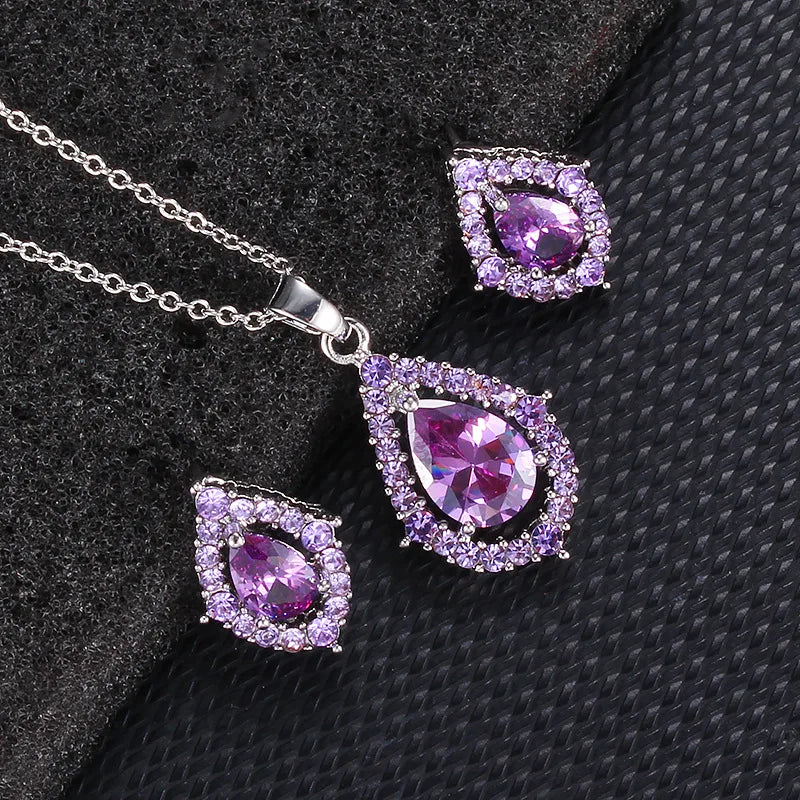 925 Sterling Silver Bridal Jewelry Sets for Women Wedding Shiny CZ Geometric Stud Earrings Pendant Necklace