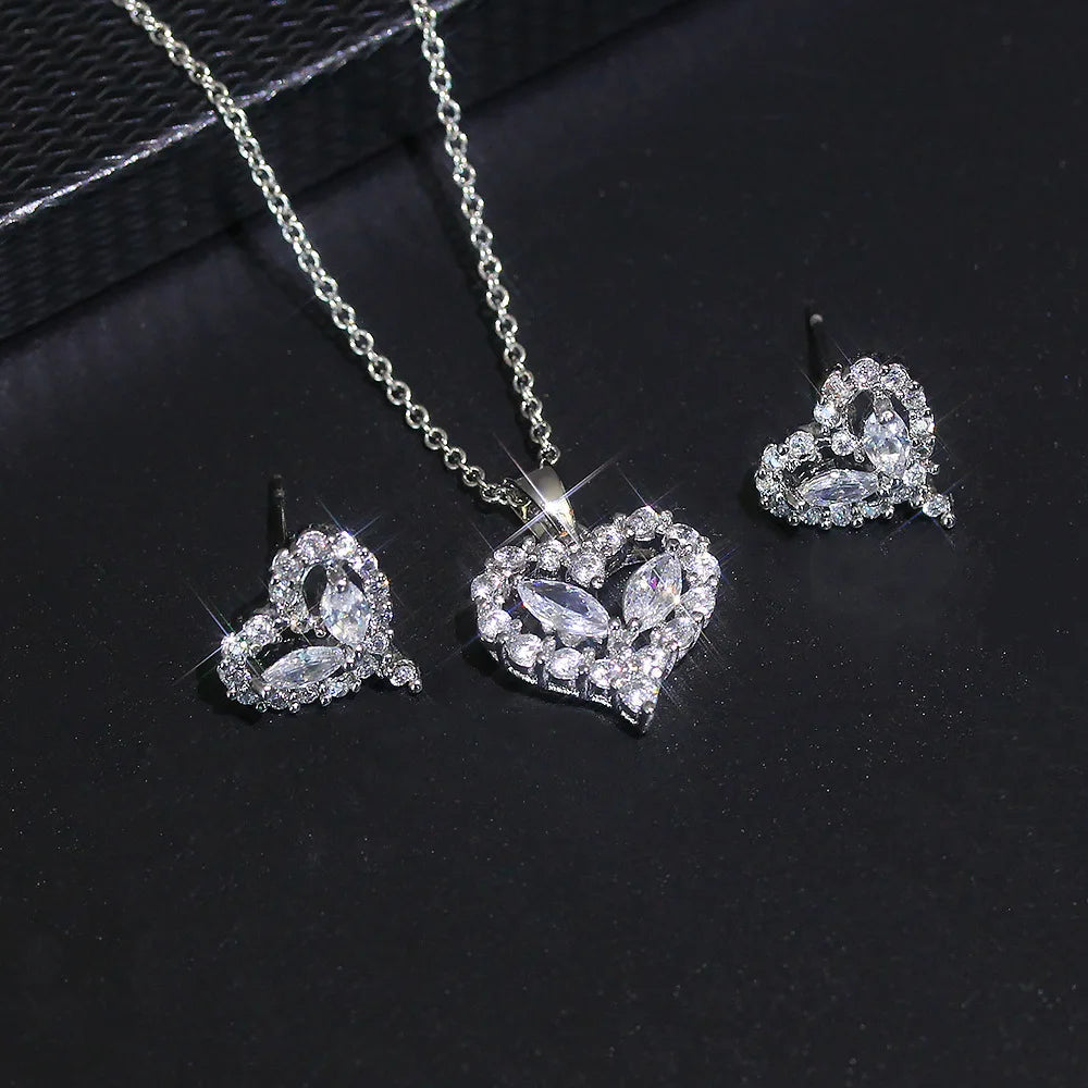 925 Sterling Silver Bridal Jewelry Sets for Women Wedding Shiny CZ Geometric Stud Earrings Pendant Necklace