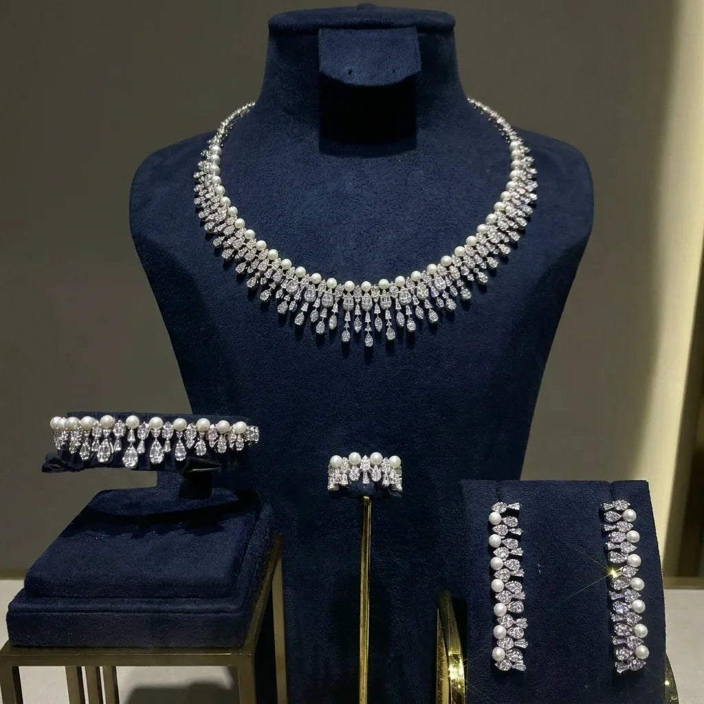 Bride Talk Luxury 4Pcs Bridal Jewelry Set Elegant Pearl Zircon Necklace Earrings Bracelet Ring Set for Wedding Party Accessories