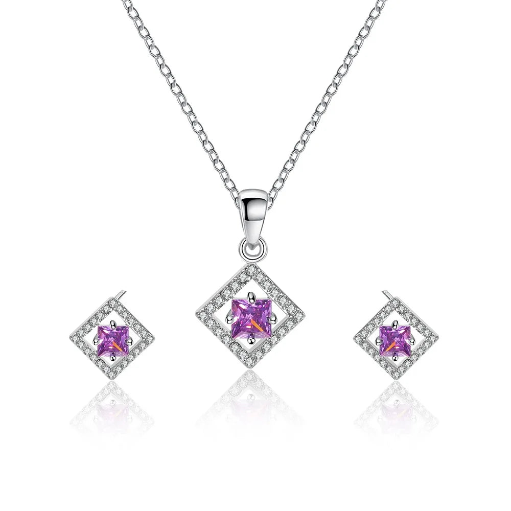 925 Sterling Silver Bridal Jewelry Sets for Women Wedding Shiny CZ Geometric Stud Earrings Pendant Necklace