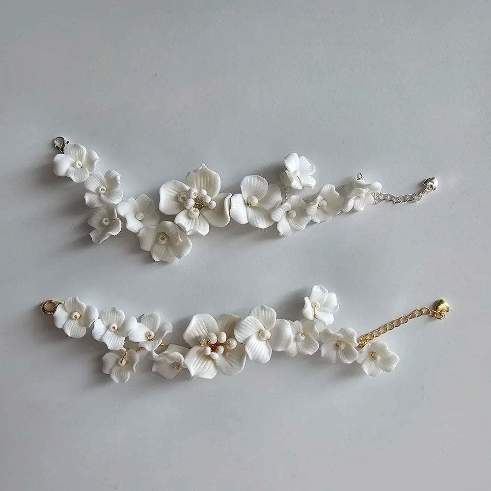 SLBRIDAL Handmade Ins Style Rhinestones Crystal Porcelain Flower Bridal Wedding Bracelet Bangle Bridesmaids Women Girls Jewelry