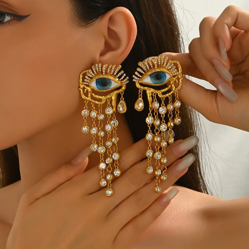 Vintage Evil Eye Tassel Drop Earrings for Women - Palace-Style Statement Pieces, Oversized Bold Jewelry M583