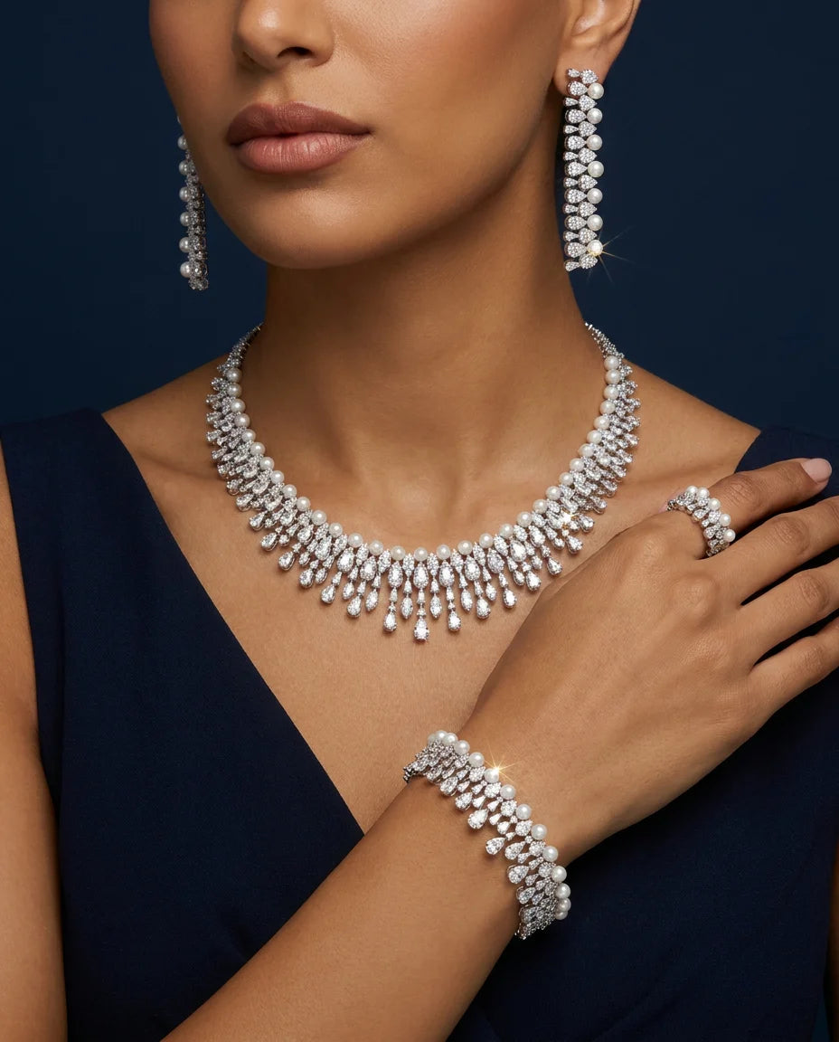 Bride Talk Luxury 4Pcs Bridal Jewelry Set Elegant Pearl Zircon Necklace Earrings Bracelet Ring Set for Wedding Party Accessories