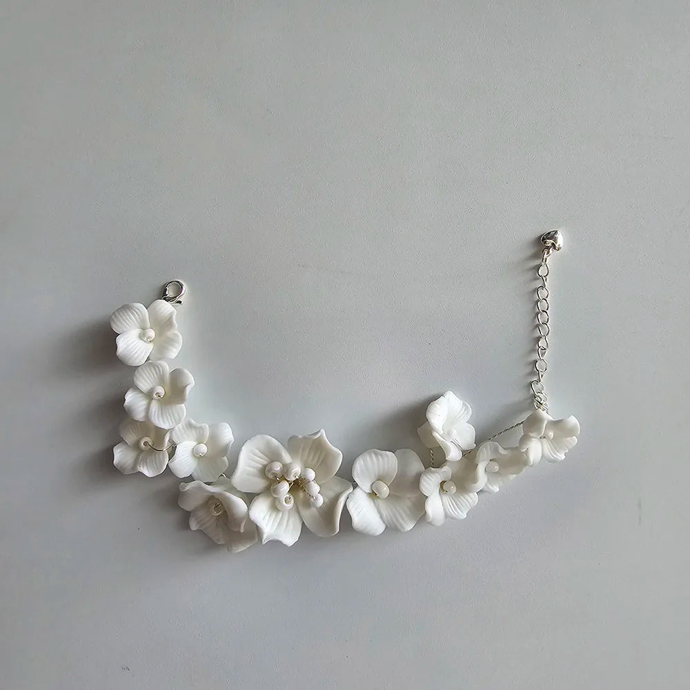 SLBRIDAL Handmade Ins Style Rhinestones Crystal Porcelain Flower Bridal Wedding Bracelet Bangle Bridesmaids Women Girls Jewelry