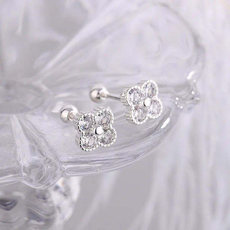 925 Sterling Silver Four Round Zircon Small Piercing Stud Earrings For Women Luxury Elegant Fine Jewelry Accessories Jewellery