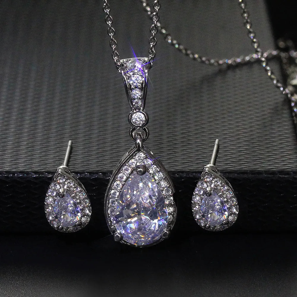 925 Sterling Silver Bridal Jewelry Sets for Women Wedding Shiny CZ Geometric Stud Earrings Pendant Necklace