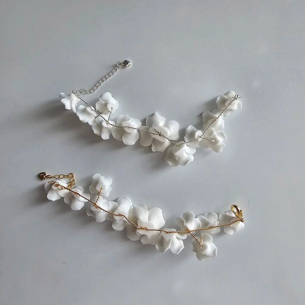 SLBRIDAL Handmade Ins Style Rhinestones Crystal Porcelain Flower Bridal Wedding Bracelet Bangle Bridesmaids Women Girls Jewelry