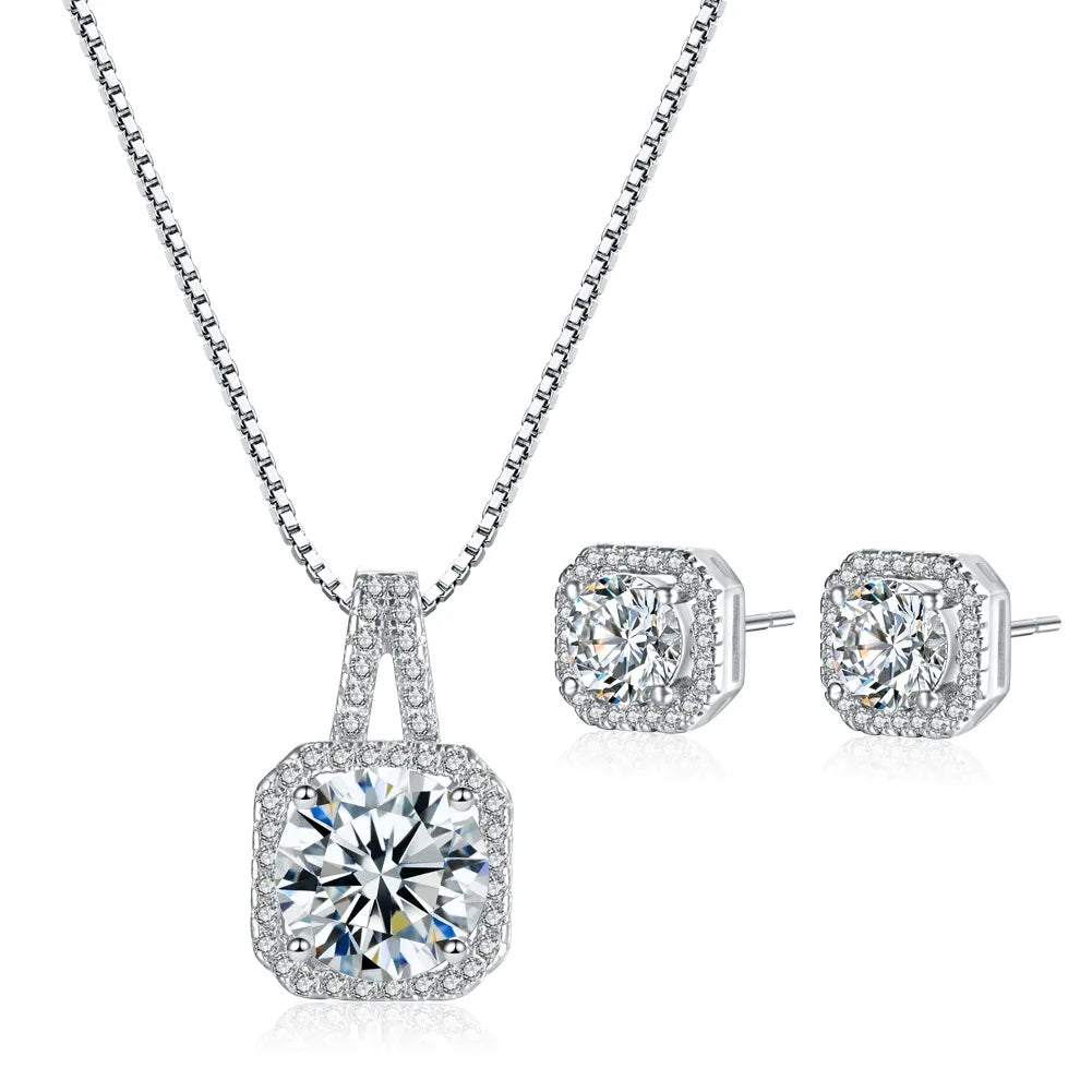 925 Sterling Silver Bridal Jewelry Sets for Women Wedding Shiny CZ Geometric Stud Earrings Pendant Necklace