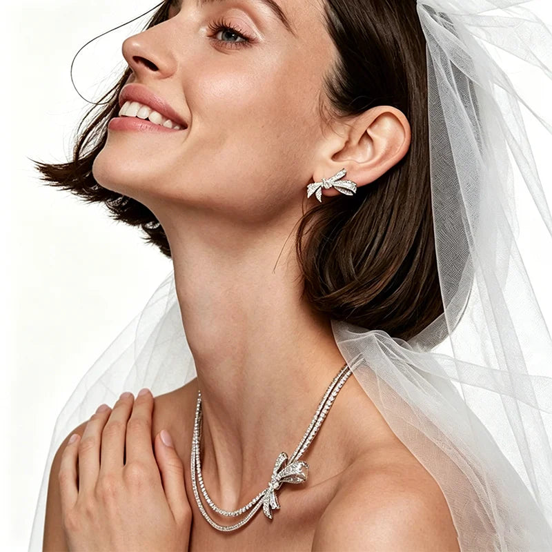 Bridal Bow Zircon Jewelry Set Double Layer Necklace Earrings for Women Wedding Party Prom Jewelry Accessories