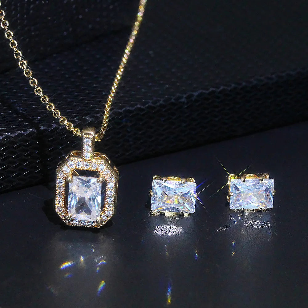 925 Sterling Silver Bridal Jewelry Sets for Women Wedding Shiny CZ Geometric Stud Earrings Pendant Necklace